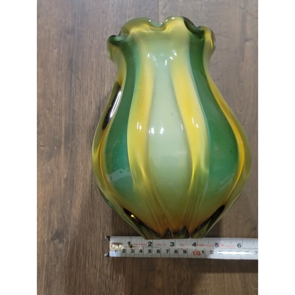 Vintage Art Glass Vase Swirl Green Yellow Iridescent Fluted Top Bud murano style